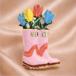 Anthropologie Pink Enamel Cowboy Boot Brooch with Multicolor Tulips